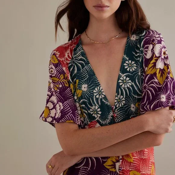 HTF By Anthropologie Short-Sleeve V-Neck Button-Front Midi Dress